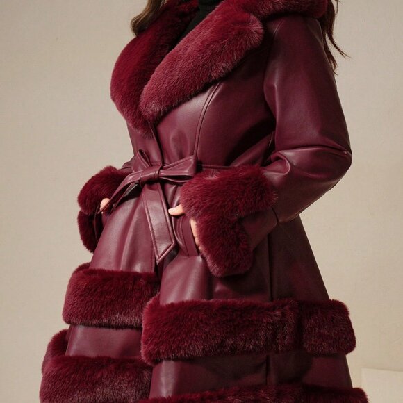 Burgundy Elegant Women's Fluffy Furry Jacket - Picture 3 of 7